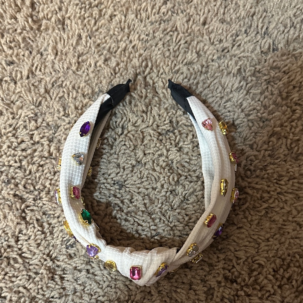 Embellished Knotted Cream Headband with Multicolor Gem Accents - Picture 6 of 7